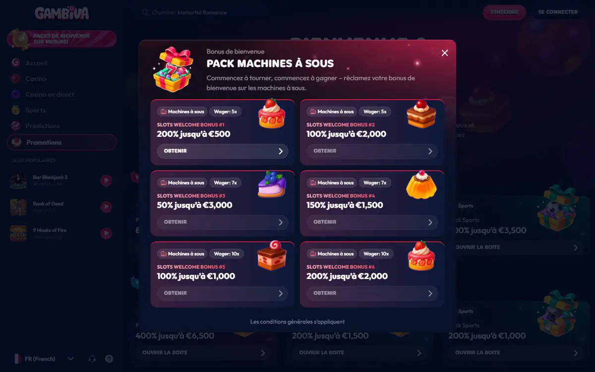 Fenêtre Pack machines à sous de Gambiva avec Slots Welcome Bonus 1 à 6 et leur wager de 5x à 10x