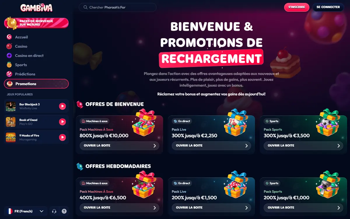 Page Bienvenue et promotions de rechargement de Gambiva avec les packs machines à sous, live et sports