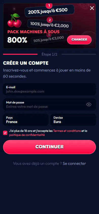 Inscription Gambiva sur mobile avec le pack machines à sous 800 % et les champs du premier écran