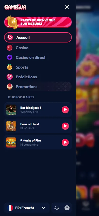 Menu latéral de Gambiva sur mobile avec les rubriques, les jeux populaires et le sélecteur de langue FR