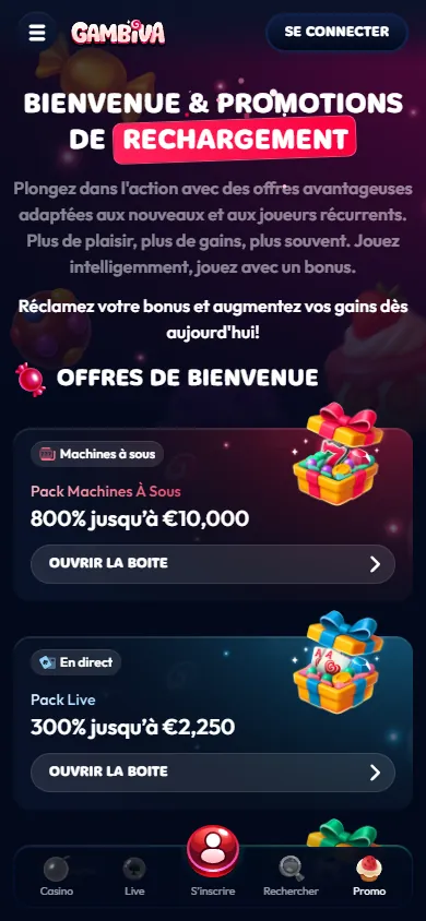 Packs de bienvenue Gambiva sur mobile, avec le pack machines à sous 800 % et le pack live 300 %